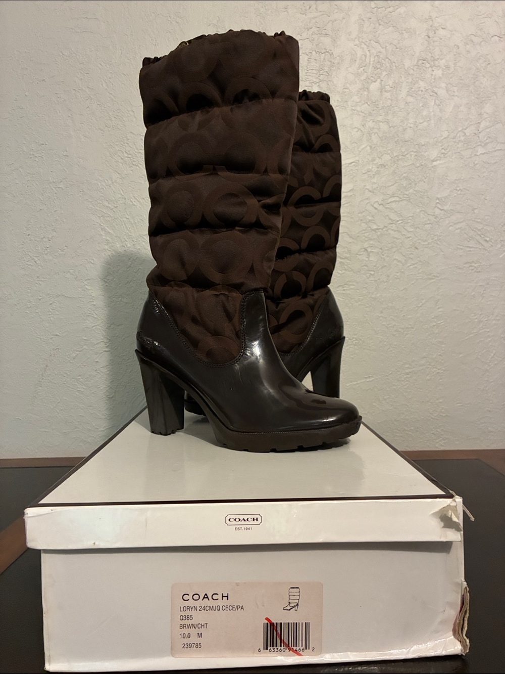Coach - Loryn - Dark Brown Quilted Mid-Calf Heeled Snow/Rain Boots